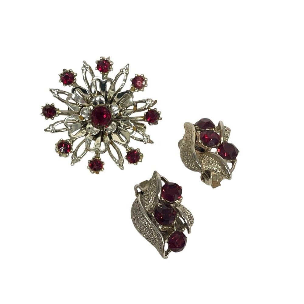Vintage Gold-Tone Floral Brooch & Clip-On Earrings Set With Red Rhinestones